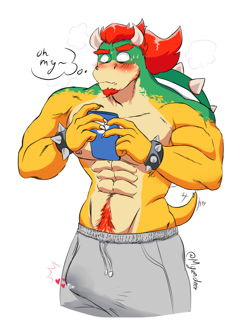 barazoku bowser_jr. erection hi_res leaky male mario_bros mogandeer muscular muscular_male nintendo sweatpants teasing