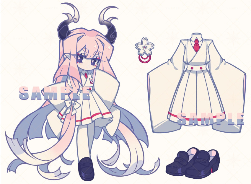 1girl black_eyes black_footwear collared_shirt dress expressionless full_body highres horns loafers long_hair necktie original pink_hair red_necktie sample_watermark shirt shoes solo standing white_background white_dress white_shirt wide_sleeves xianyudian_laoban