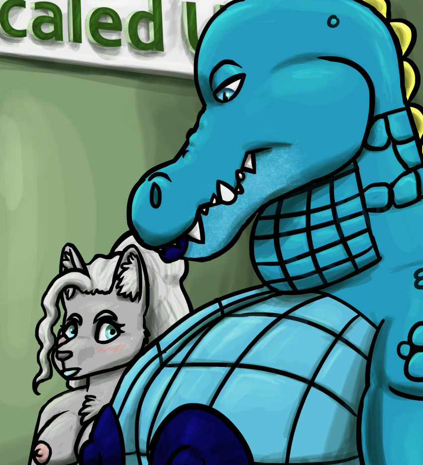 2023 alligator alligatorid anthro azrael_(tertia) azurlligator big_breasts black_nose blue_body blue_eyes blue_lips blue_lipstick blue_nipples blue_scales blush breasts bulging_neck canid canine canis chest_tuft cleavage clothed clothing crocodilian digital_drawing_(artwork) digital_media_(artwork) duo eyebrows eyelashes fangs female female/female fur girl_staring_at_man's_chest green_wall grey_body grey_fur grey_hair hair half-closed_eyes hi_res inner_ear_fluff interspecies large_pecs larger_female lips lipstick looking_at_another looking_at_partner looking_down makeup mammal multicolored_body multicolored_scales muscular muscular_anthro muscular_female narrowed_eyes nathile_tiduna nipples non-mammal_breasts pecs pink_nipples ponytail reptile scales scalie scutes shirt sign size_difference skywater smaller_female snout teeth topless topless_anthro topless_female topwear tuft wall_(structure) wavy_hair wolf yellow_scutes