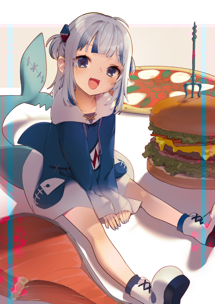 1girl :d ahoge animal_costume animal_hood blue_eyes blue_hair blue_hoodie blue_nails burger commentary cross-laced_footwear fast_food fingernails fins fish_tail food gawr_gura gawr_gura_(1st_costume) grey_hair hair_ornament highres hololive hololive_english hood hoodie light_blush long_sleeves looking_at_viewer medium_hair multicolored_hair nail_polish open_mouth oversized_food oversized_object pizza polearm salmon saya_(sayaya) shadow shark_costume shark_girl shark_hair_ornament shark_hood shark_print shark_tail sharp_teeth shoes sidelocks sitting sleeves_past_wrists smile solo streaked_hair symbol-only_commentary tail teeth trident two_side_up virtual_youtuber weapon white_footwear wide_sleeves