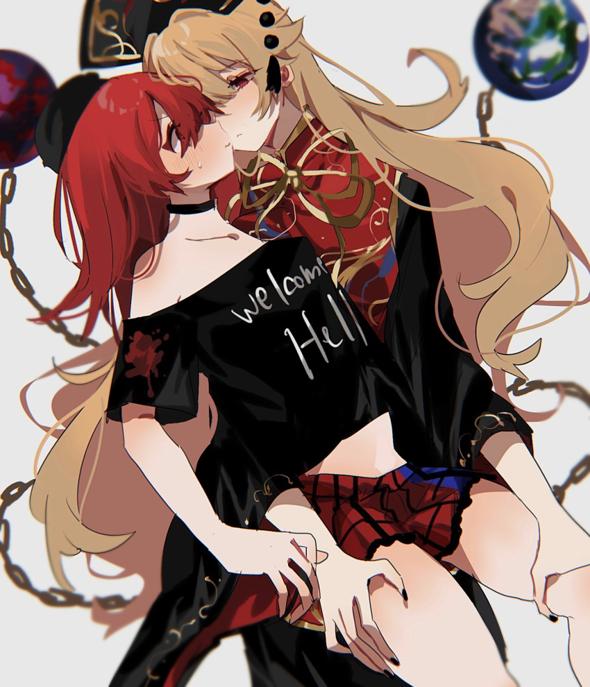 2girls ayahi_4 bare_shoulders black_choker black_dress black_shirt blonde_hair blush chain chinese_clothes choker clothes_writing commentary dress earth_(ornament) eye_contact gold_chain hand_on_another's_thigh hecatia_lapislazuli highres imminent_kiss junko_(touhou) long_hair long_sleeves looking_at_another medium_hair multiple_girls off-shoulder_shirt off_shoulder phoenix_crown plaid plaid_skirt polos_crown red_eyes red_hair red_tabard shirt simple_background skirt sweatdrop t-shirt tabard touhou underworld_(ornament) white_background yuri