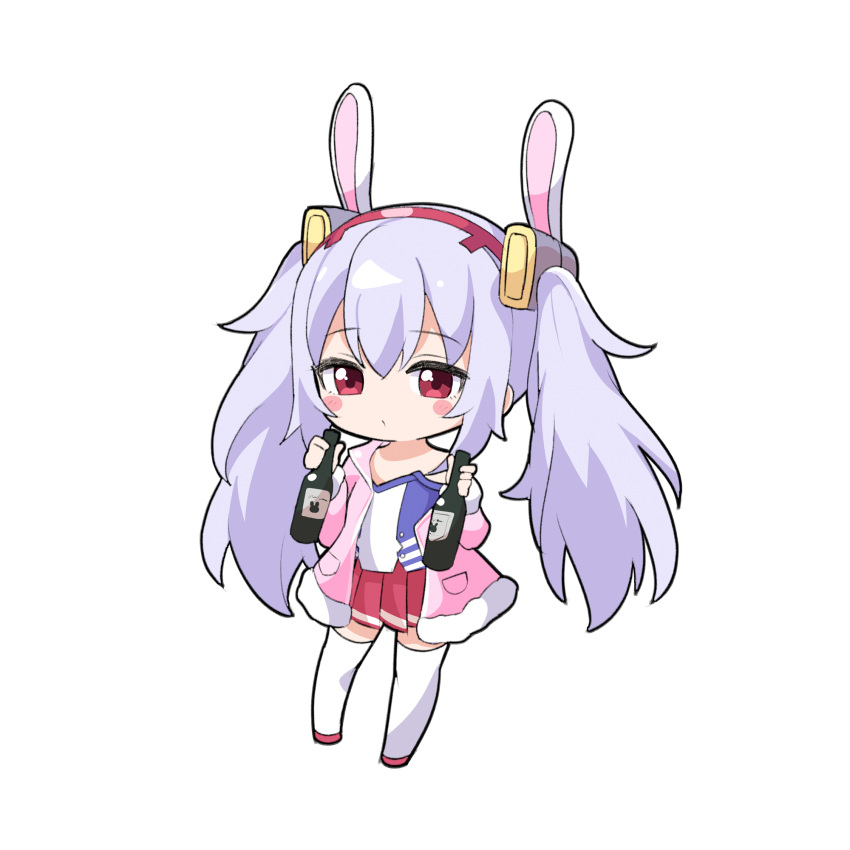 1girl ame. animal_ears azur_lane blush_stickers bottle camisole chibi closed_mouth commentary_request fake_animal_ears full_body fur-trimmed_jacket fur-trimmed_sleeves fur_trim grey_hair hair_between_eyes hairband highres holding holding_bottle jacket laffey_(azur_lane) long_hair long_sleeves off_shoulder open_clothes open_jacket pink_jacket rabbit_ears red_eyes red_footwear red_hairband shoes solo standing thighhighs twintails very_long_hair white_camisole white_thighhighs