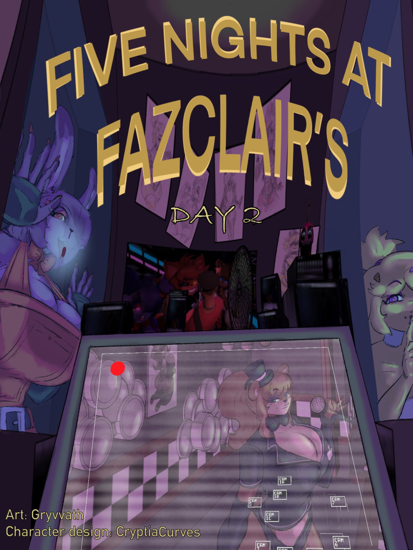 against_surface anthro avian bear big_breasts bird blonde_hair bonnie_(cally3d) breasts breath brown_body brown_fur canid canine chica_(cally3d) chicken cleavage clothed clothing comic cover crossgender english_text female five_nights_at_freddy's fox foxy_(fnaf) fredina_(cally3d) fur galliform gallus_(genus) group gryvvath hair hat headgear headwear hi_res huge_breasts lagomorph leporid looking_at_viewer mammal naughty_face on_glass panting phasianid purple_body rabbit scottgames text