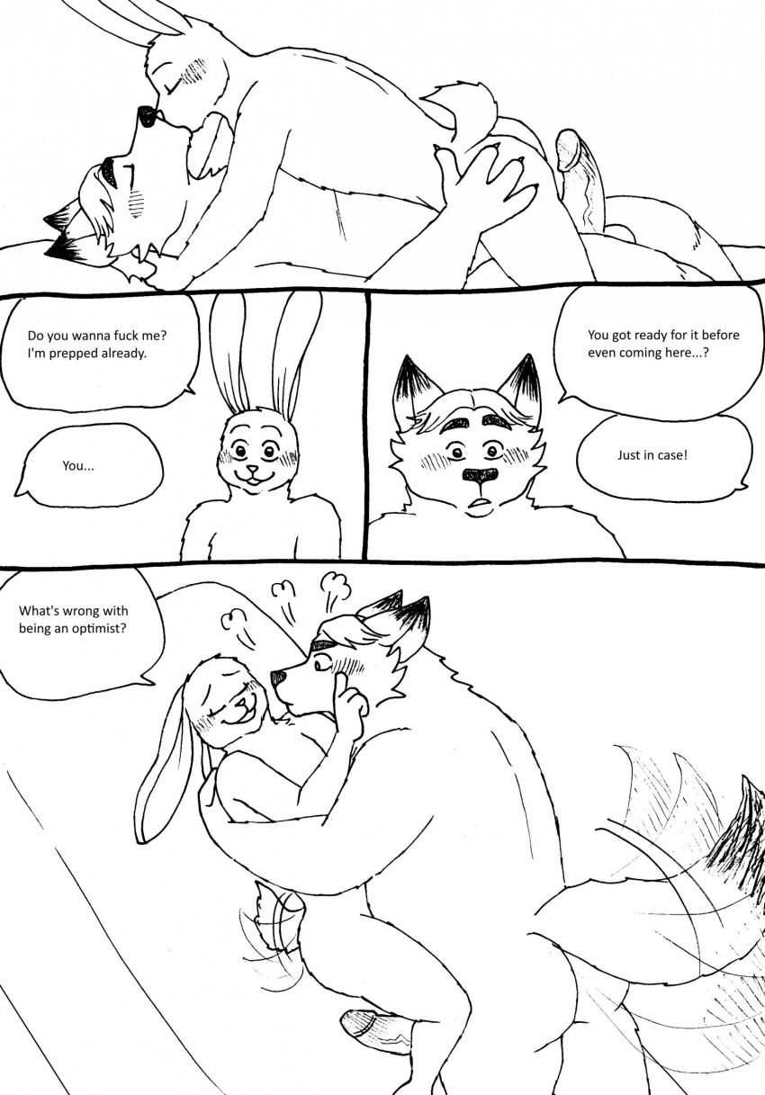2023 anthro balls bed bernielover blush butt canid canine comic disney duo embrace english_text erection eyes_closed fan_character fox furniture genitals gideon_grey hi_res hug humanoid_hands kissing lagomorph leporid lying male mammal penis rabbit slightly_chubby tail tail_motion tailwag text zootopia