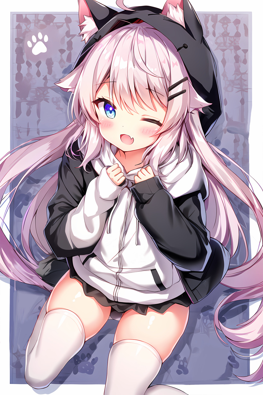 1girl animal_ear_fluff animal_ears animal_hood auto_ins black_skirt blue_eyes blush cat_ears drawstring fang hair_ornament hairclip highres hood hood_up hooded_jacket hoodie jacket long_hair long_sleeves looking_at_viewer one_eye_closed open_mouth original pantyhose pleated_skirt sitting skirt smile solo thighhighs underwear very_long_hair white_jacket white_pantyhose