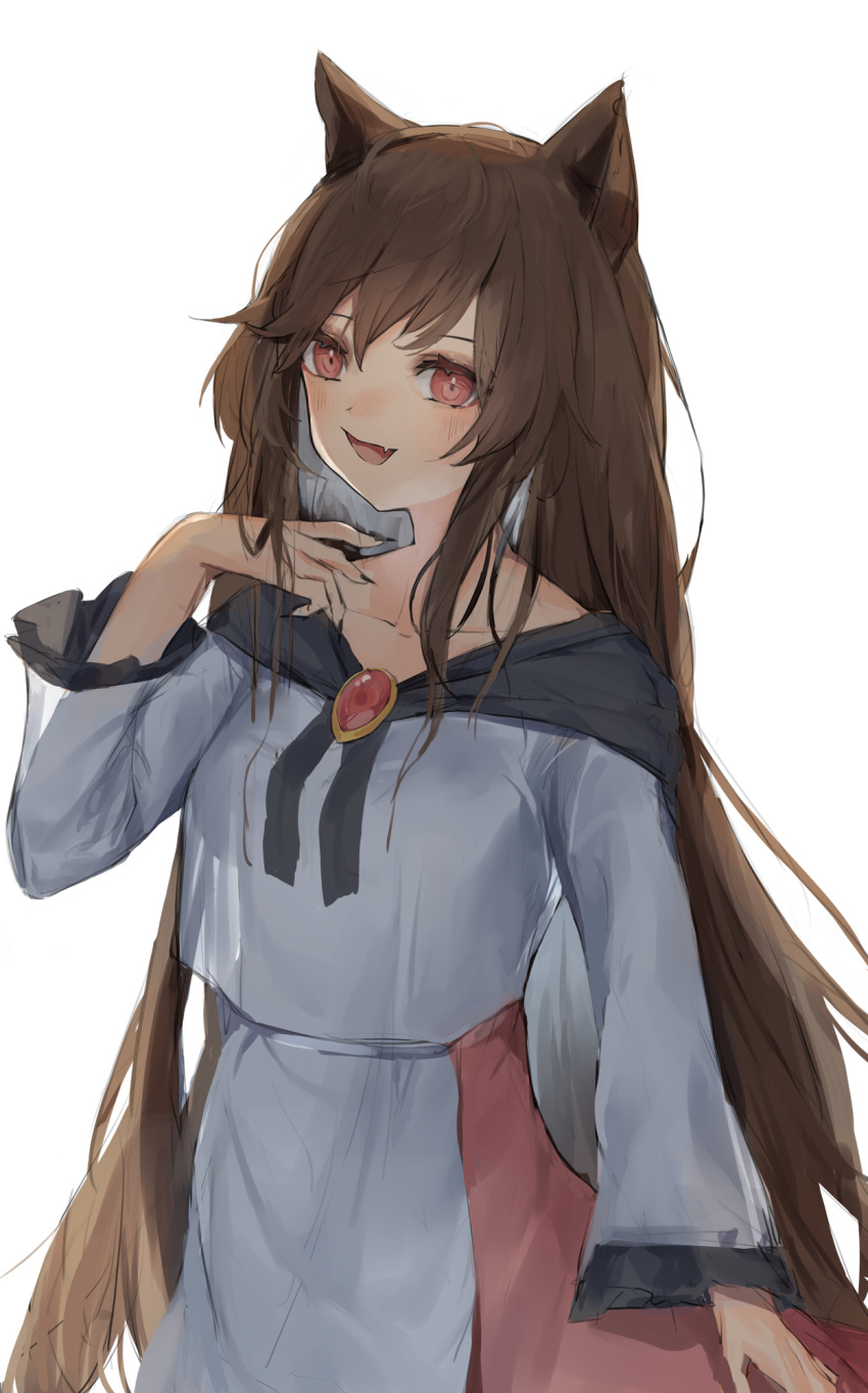 1girl animal_ears black_nails blush brown_hair dress fang fingernails highres imaizumi_kagerou long_fingernails long_hair long_sleeves nail_polish open_mouth pocche-ex red_dress red_eyes sharp_fingernails simple_background skin_fang solo touhou white_background white_dress wolf_ears