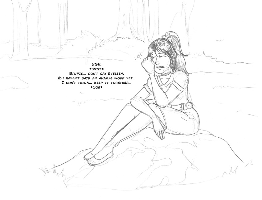 arania belt bodily_fluids choker clothed clothing crying dialogue dress english_text eveleen_(tcitw) eyes_closed female footwear forest hair hi_res human human_only jewelry mammal necklace not_furry outside plant shoes solo tears text the_cabin_in_the_woods_(arania) tree