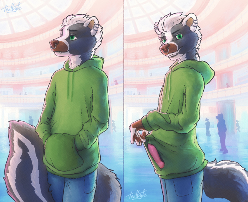 anthro clothed clothing detailed detailed_background digital_media_(artwork) digital_painting_(artwork) erection fur genitals green_eyes grin hair hi_res hoodie inside looking_at_viewer male mall mammal markings masturbation mephitid multicolored_body multicolored_fur penis piercing portrait public public_exposure public_masturbation shaded signature skunk smile solo standing tail tailbyte topwear white_hair