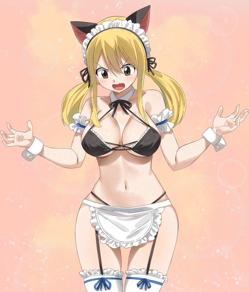 1girl animal_ears annoyed apron armband bikini black_bikini blonde_hair blush breasts brown_eyes cat_ears cleavage collarbone commentary cowboy_shot detached_collar embarrassed fairy_tail fake_animal_ears flying_sweatdrops frilled_apron frilled_bikini frills frown garter_straps gaston18 hair_between_eyes halterneck highres large_breasts linea_alba lipstick looking_down lucy_heartfilia maid maid_bikini maid_headdress makeup multicolored_background navel open_mouth sidelocks solo sparkle swimsuit symbol-only_commentary thighhighs twintails unconventional_maid w_arms wide_hips wrist_cuffs