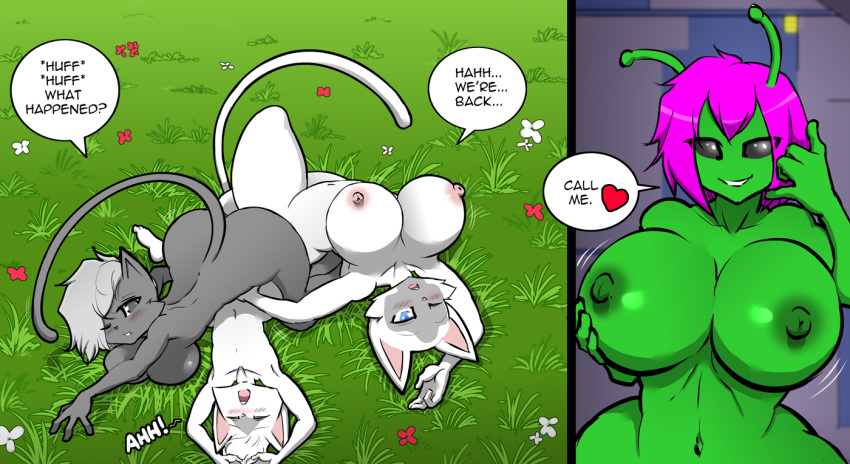 alien antennae_(anatomy) anthro big_breasts big_butt black_eyes blush breast_jiggle breasts butt call_me dialogue domestic_cat english_text felid feline felis female flower frae_jlanx fur grass_field green_body grey_body grey_fur grey_hair group hair hayakain huge_breasts jiggling kitty_(hayakain) male mammal motion_lines multicolored_body multicolored_fur pink_hair plant smile speech_bubble tail tasha_(hayakain) teo_(hayakain) text two_tone_body two_tone_fur white_body white_fur