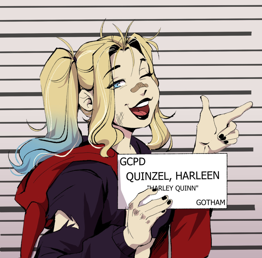 1girl absurdres barbie_mugshot_(meme) batman_(series) black_lips black_nails blonde_hair blue_eyes blue_hair character_name dc_comics gradient_hair harley_quinn height_mark highres holding holding_sign long_hair long_sleeves looking_at_viewer lumieluna makeup meme mugshot multicolored_hair one_eye_closed prison prisoner sign smile torn_hoodie twintails upper_body