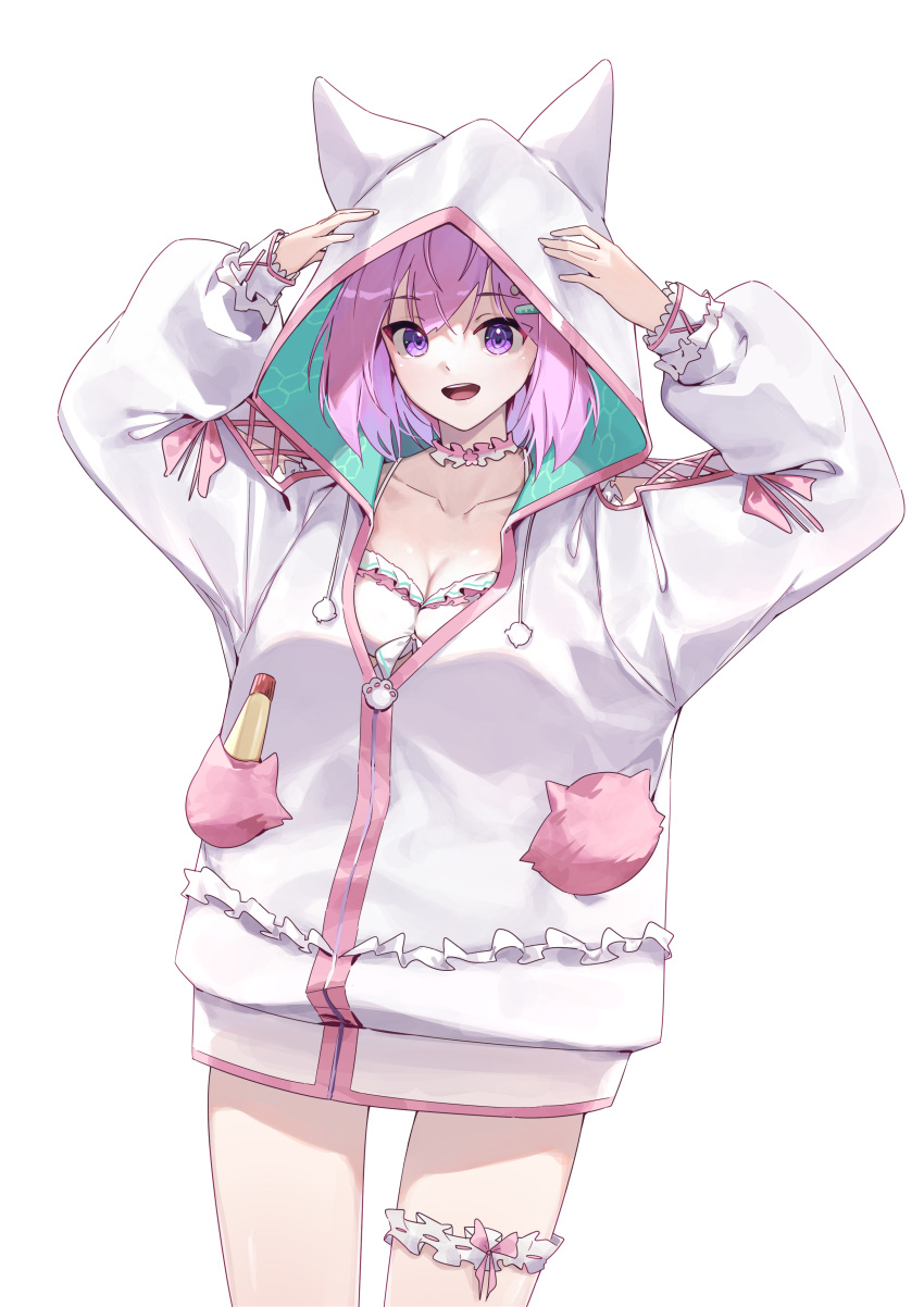 1girl absurdres animal_hood antenna_hair arm_cutout arms_up bikini breasts choker cleavage collarbone flower_choker frilled_bikini frilled_choker frills green_hood hair_ornament hakui_koyori hakui_koyori_(3rd_costume) hexagon_print highres hololive hood hoodie large_breasts long_sleeves looking_at_viewer mayonnaise_bottle medium_hair ninjyang0903 open_mouth paw_ornament pink_choker pink_hair pink_ribbon pocket pom_pom_(clothes) purple_eyes ribbon simple_background sleeves_past_wrists smile solo standing swimsuit teeth thigh_strap thighs virtual_youtuber white_background white_bikini white_choker white_hoodie wolf_girl zipper