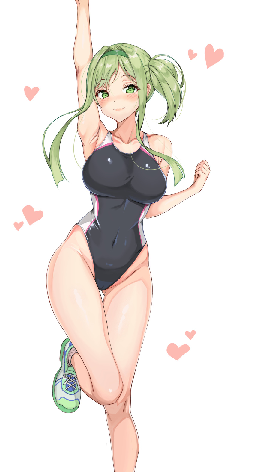 1girl absurdres alternate_hairstyle amagi_(amagi626) arm_up armpits black_one-piece_swimsuit breasts competition_swimsuit covered_navel curvy green_eyes green_hair green_hairband grey_footwear groin hairband highleg highleg_swimsuit highres impossible_clothes impossible_swimsuit knee_up looking_at_viewer medium_breasts narrow_waist one-piece_swimsuit paid_reward_available shoes short_hair short_hair_with_long_locks side_ponytail sneakers solo standing standing_on_one_leg swimsuit teireida_mai touhou wide_hips