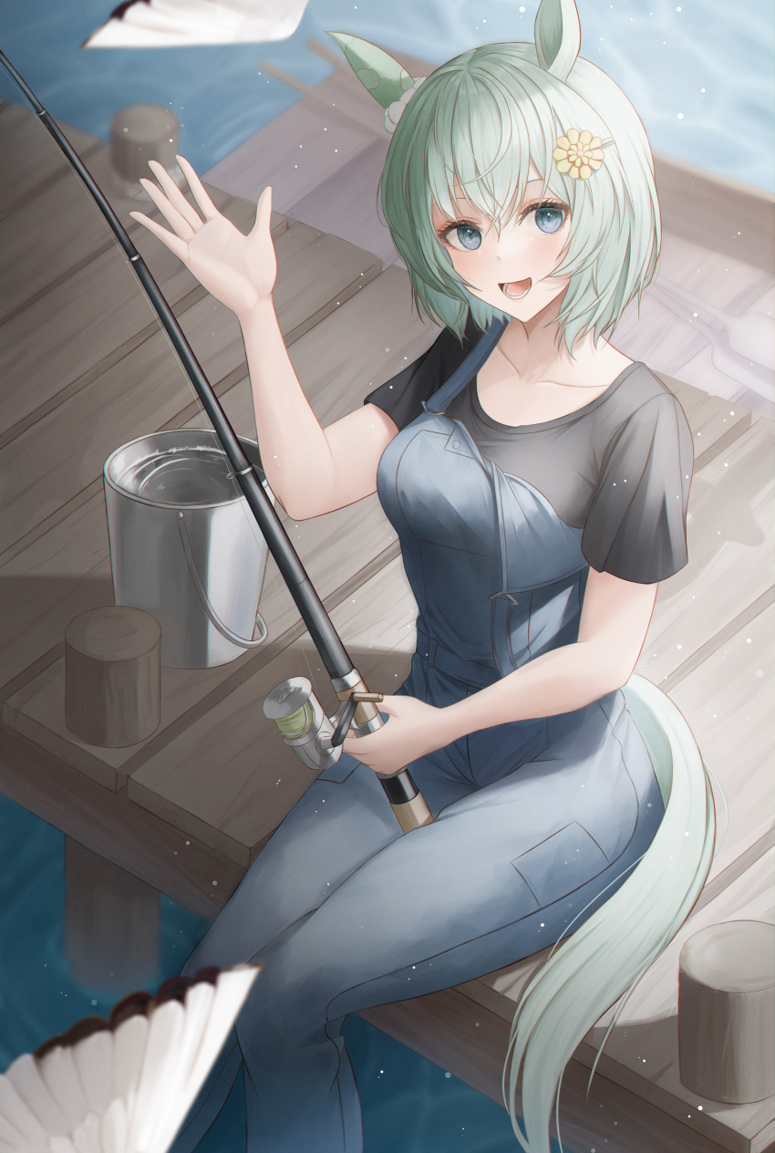 1girl absurdres animal_ears bird black_shirt blue_eyes blue_overalls breasts bsmage bucket commentary ear_covers feet_out_of_frame fishing fishing_rod grey_hair hair_between_eyes hair_ornament hairclip highres holding holding_fishing_rod horse_ears horse_girl horse_tail lake medium_breasts official_alternate_costume open_mouth outdoors overalls seiun_sky_(umamusume) shirt short_hair single_ear_cover sitting smile solo symbol-only_commentary tail teeth umamusume water waving wooden_deck