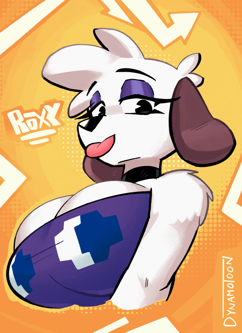 absurd_res anthro beagle big_breasts breasts bust_portrait canid canine canis clothing domestic_dog dress dynamo_toon female hi_res hunting_dog low-angle_view mammal neckwear pac-man_(series) portrait purple_clothing purple_dress purple_eyelids roxy_(pongodecky) scent_hound solo solo_focus tight_clothing tight_dress tongue tongue_out