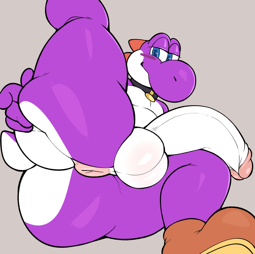 2023 absurd_res anthro anus balls big_butt blush butt collar digital_media_(artwork) genitals half-closed_eyes half-erect hi_res huge_butt looking_at_viewer male mario_bros narrowed_eyes nintendo penis puffy_anus purple_yoshi rear_view simple_background smile solo thick_thighs virito wide_hips yoshi