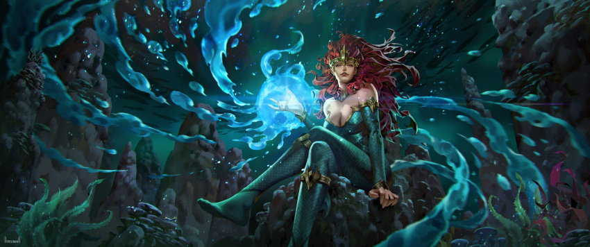 1girl air_bubble aquaman_(series) bare_shoulders bodysuit breasts bubble circlet cleavage commentary crossed_legs dc_comics detached_sleeves english_commentary green_bodysuit green_sleeves highres kael_ngu large_breasts long_hair looking_at_viewer magic mera_(dc) red_hair rock seaweed sitting solo underwater water