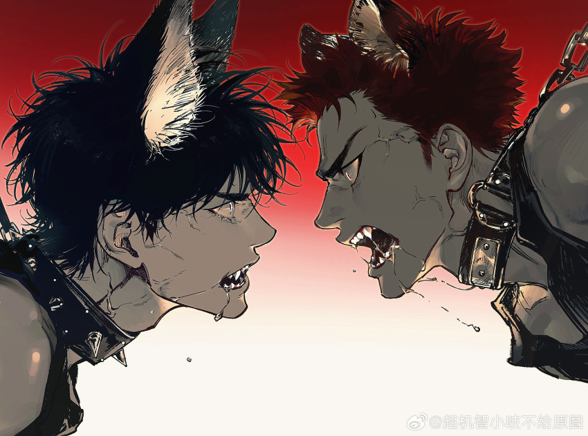 2boys adam's_apple angry animal_collar animal_ears bare_shoulders bdsm black_hair chain chain_leash chimmyming collar dog_boy dog_ears drooling duel extra_ears eye_contact face-to-face fangs from_side gradient_background highres kemonomimi_mode leash leash_pull looking_at_another male_focus multiple_boys open_mouth portrait profile red_background red_eyes red_hair rukawa_kaede sakuragi_hanamichi saliva short_hair slam_dunk_(series) sleeveless spiked_collar spikes tank_top veins