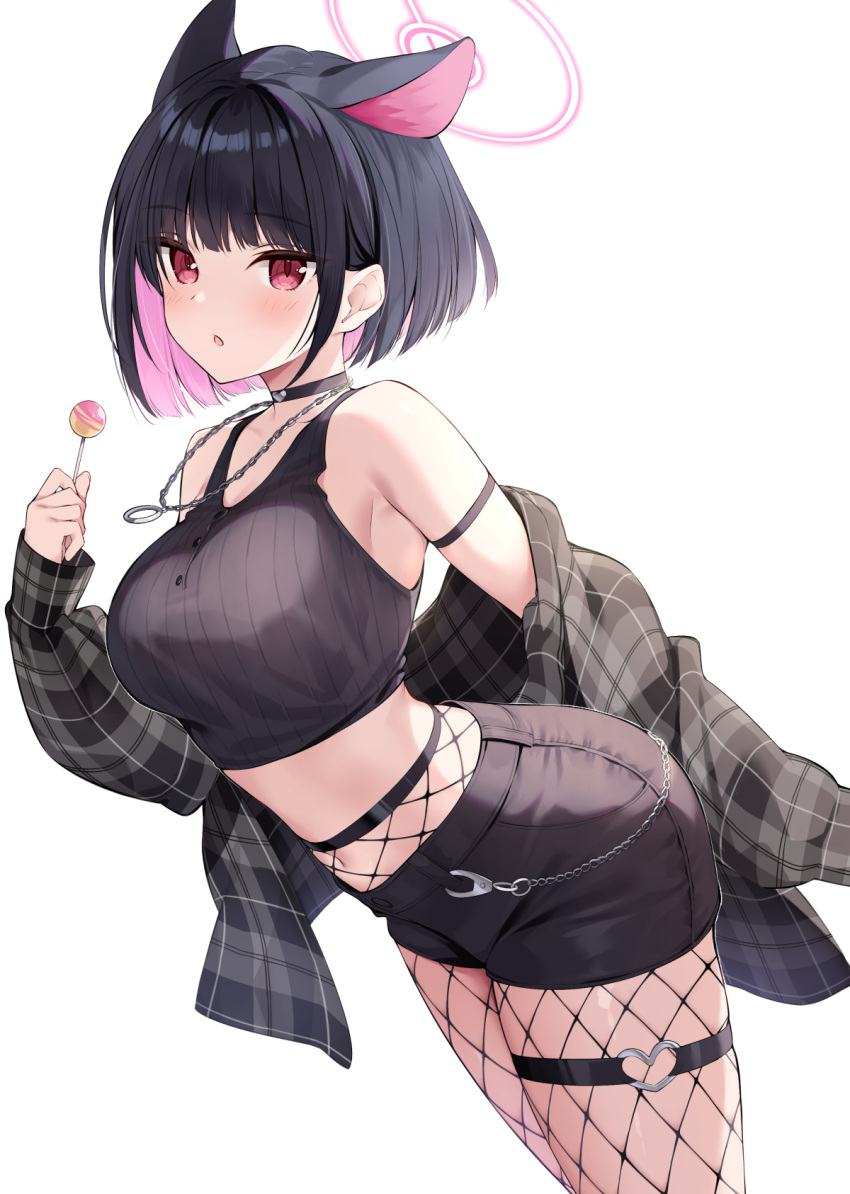 1girl :o animal_ears black_choker black_hair black_shirt black_shorts blue_archive blush breasts candy cat_ears choker colored_inner_hair crop_top extra_ears fishnet_pantyhose fishnets food grey_jacket halo highres holding holding_candy holding_food holding_lollipop jacket jewelry kazusa_(blue_archive) leaning lollipop long_sleeves looking_at_viewer medium_breasts midriff multicolored_hair necklace open_mouth oryo_(oryo04) pantyhose pink_hair plaid plaid_jacket red_eyes shirt short_hair shorts sleeveless sleeveless_shirt solo thigh_strap upper_body white_background