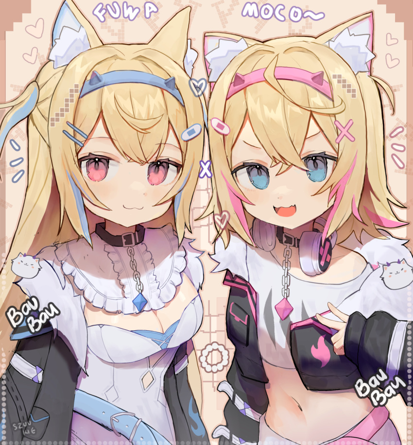 2girls :3 animal_collar animal_ear_fluff animal_ears bandaid_hair_ornament black_collar black_jacket blonde_hair blue_eyes blue_hair blue_hairband breasts center_frills cleavage_cutout clothing_cutout collar cropped_jacket cropped_shirt crossed_bangs cutout_above_navel detached_collar dog_ears dog_girl double-parted_bangs dress fake_horns fang frilled_shirt_collar frills fur-trimmed_jacket fur_trim fuwawa_abyssgard hair_between_eyes hair_intakes hair_ornament hairband hairclip headphones headphones_around_neck highres hololive hololive_english horns jacket large_breasts long_hair long_sleeves mococo_abyssgard multicolored_hair multiple_girls open_mouth pink_eyes pink_hair pink_hairband puffy_long_sleeves puffy_sleeves shirt short_dress short_hair siblings sisters skin_fang spiked_collar spikes streaked_hair szuukie t-shirt twins two_side_up upper_body v virtual_youtuber white_dress white_shirt x_hair_ornament