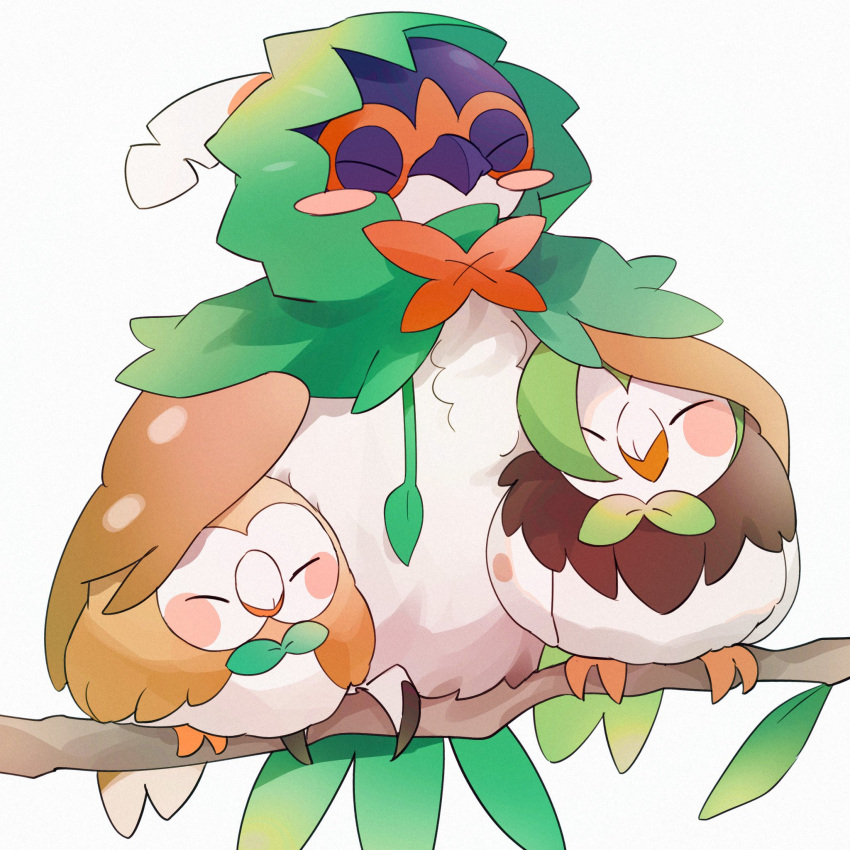 3others :&gt; bird blush blush_stickers bow bowtie branch cape closed_eyes commentary dartrix decidueye english_commentary evolutionary_line feathers green_bow green_bowtie green_cape highres hood hood_up hooded_cape leaf multiple_others no_humans owl pokemon pokemon_(creature) pokemon_(game) pokemon_sm rowlet simple_background sitting takumi_mizuki white_background