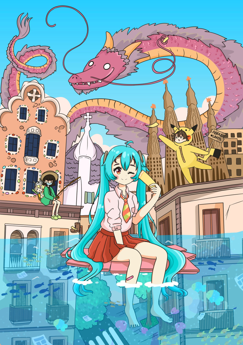 aqua_hair bare_legs barefoot black_hair blonde_hair blue_sky brown_hair brown_skirt building cloud cloudy_sky collared_shirt cosplay dragon draw_this_in_your_style_challenge fish fishing fishing_rod green_footwear highres holding holding_fishing_rod holding_sign luvdisc necktie nomi_drawings one_eye_closed pikachu pikachu_(cosplay) pleated_skirt pokemon pokemon_(creature) red_eyes sagrada_familia shirt shirt_tucked_in sign skirt sky smile soaking_feet solo_focus striped_necktie tree white_shirt wig