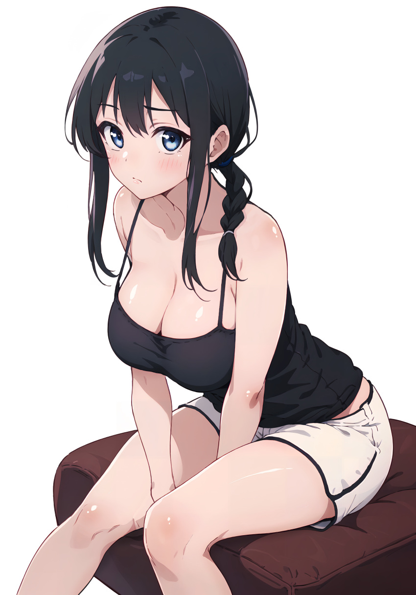 1girl :/ absurdres arms_between_legs bare_arms bare_legs bare_shoulders black_camisole black_hair blue_eyes braid braided_ponytail breasts camisole cleavage closed_mouth collarbone feet_out_of_frame hair_between_eyes hair_over_shoulder highres knees_together_feet_apart kuraim large_breasts light_blush long_hair looking_at_viewer original raised_eyebrow shorts sidelocks sideways_glance simple_background sitting solo spaghetti_strap strap_gap white_background white_shorts