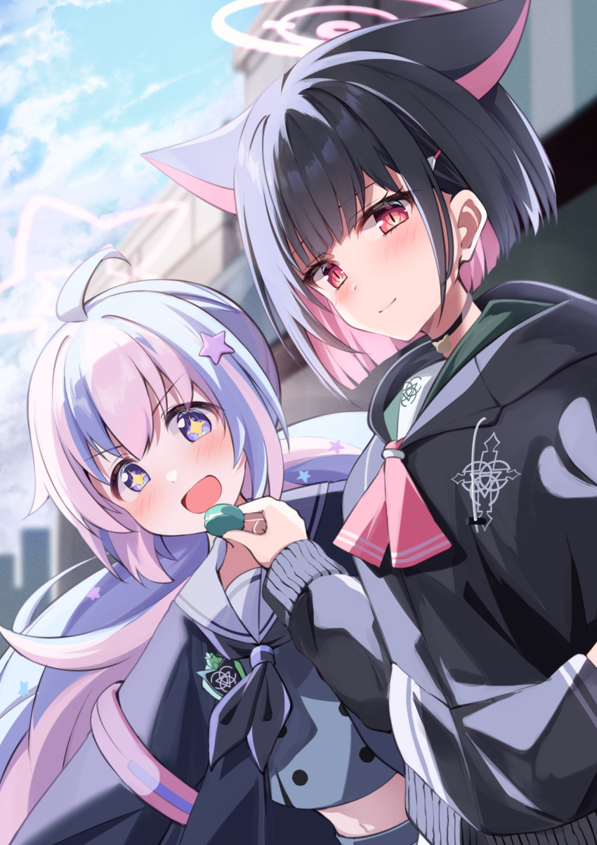 +_+ 2girls acchii_(akina) ahoge animal_ears black_choker black_coat black_sweater blue_archive blunt_bangs blurry blush cat_ears cat_girl choker coat colored_inner_hair commentary_request depth_of_field feeding food hair_between_eyes hair_ornament hairclip halo highres holding holding_food hood hooded_sweater kazusa_(blue_archive) long_hair long_sleeves looking_at_another looking_at_viewer low_twintails macaron midriff multicolored_hair multiple_girls navel open_clothes open_coat outdoors pendant_choker purple_eyes reisa_(blue_archive) school_uniform serafuku short_hair sidelocks smile star_(symbol) star_hair_ornament sweater twintails two-tone_hair