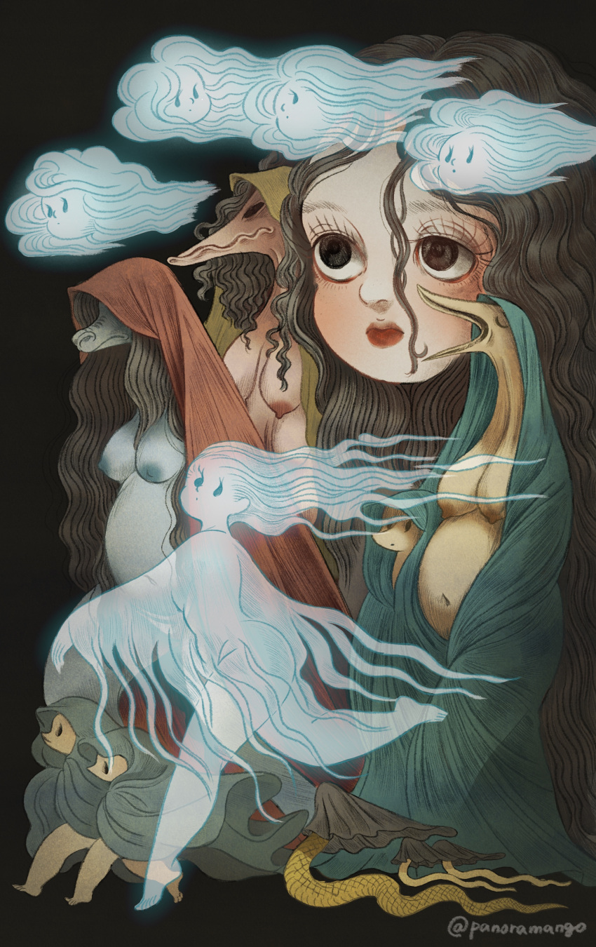 absurd_res anthro asian_mythology avian big_breasts breasts east_asian_mythology elemental_creature female ghost group hi_res humanoid japanese_mythology mythological_avian mythology okubi panoramango pregnant pregnant_female spirit tsurubebi ubumetori veil yokai