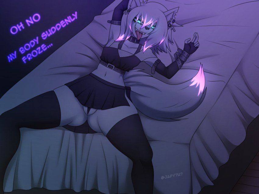 4:3 absurd_res anthro arctic_fox big_butt blue_eyes breasts butt canid canine canis clothed clothing english_text fan_character female fox fox_tail fur genitals glowing glowing_eyes goth hair hi_res japy7u7 looking_at_viewer mammal open_mouth pussy simple_background small_breasts smile solo tail text thick_thighs tongue tongue_out topwear white_body white_fur white_hair wide_hips