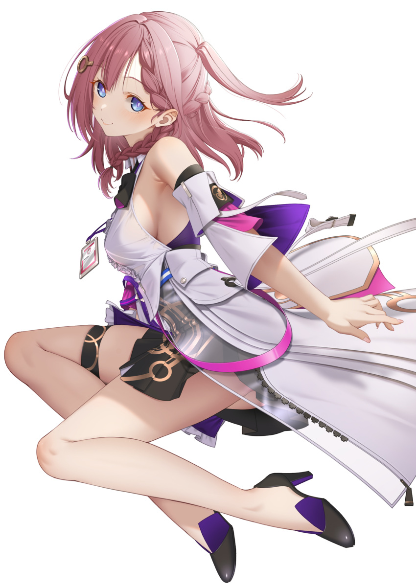 1girl asta_(honkai:_star_rail) bare_shoulders black_bow black_footwear black_skirt blue_eyes bow braid breasts closed_mouth hair_ornament high_heels highres honkai:_star_rail honkai_(series) id_card looking_at_viewer meda medium_hair miniskirt pink_hair shirt skirt sleeveless sleeveless_shirt smile solo thigh_strap white_shirt