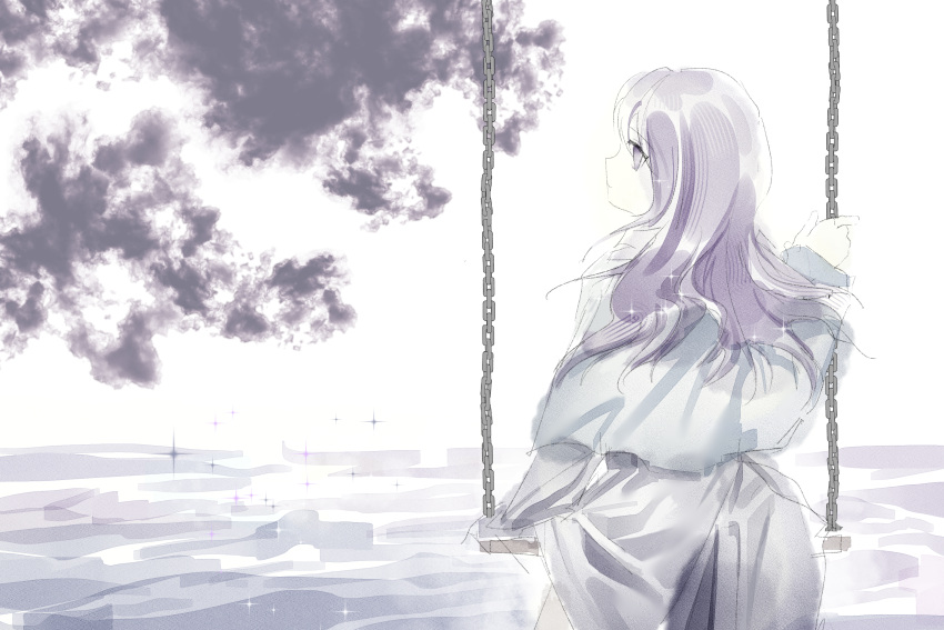 1other androgynous blue_capelet capelet clause closed_mouth coat commentary_request grey_coat highres kysk_maki len'en long_hair long_sleeves looking_back other_focus pale_skin purple_eyes purple_hair sketch solo sparkle swing wavy_hair