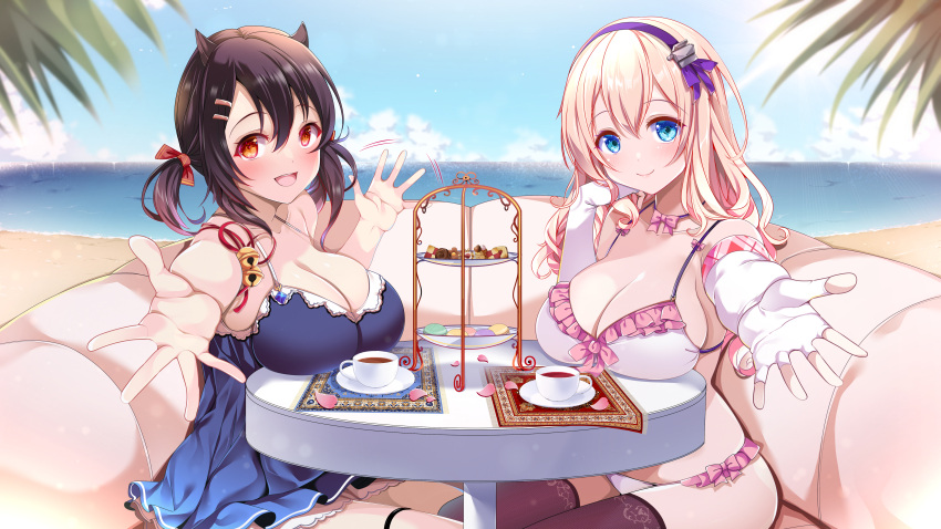 2girls :d absurdres alternate_costume azur_lane bare_shoulders beach bell bikini black_hair black_thighhighs blonde_hair blue_dress blue_eyes blue_sky blush bow breast_rest breasts breasts_on_table brown_eyes checkerboard_cookie choker cleavage closed_mouth cloud collarbone commentary_request cookie couch cup day dress elbow_gloves fingerless_gloves food frilled_bikini frills gloves hair_between_eyes hair_ornament hairband hairclip highres horns jingle_bell large_breasts leander_(azur_lane) long_hair looking_at_viewer low_twintails macaron midriff multiple_girls nagara_(azur_lane) ocean open_mouth origami_aya outdoors outstretched_arm partial_commentary petals pink_bow purple_choker purple_hairband red_bow sidelocks sitting sky sleeveless sleeveless_dress smile sundress swimsuit tablecloth tea teacup thigh_strap thighhighs tiered_tray twintails white_bikini white_gloves