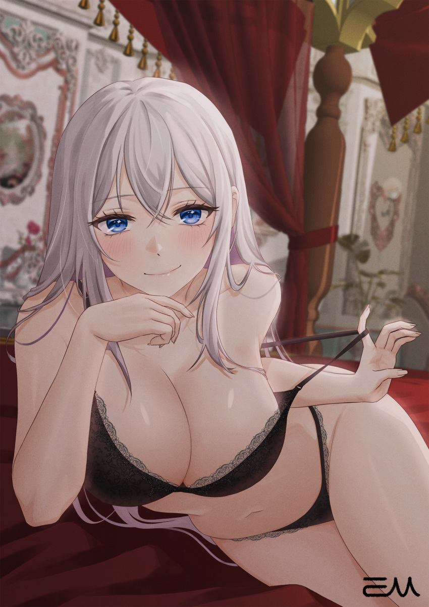 1girl absurdres bare_arms bare_shoulders bed black_bra black_panties blue_eyes bra breasts canopy_bed cleavage closed_mouth commission hand_on_own_chin highres lace-trimmed_bra lace-trimmed_panties lace_trim large_breasts lingerie long_hair looking_at_viewer navel on_bed original panties pulled_by_self smile solo stomach strap_pull string_bra taesseung thighs underwear underwear_only very_long_hair white_hair