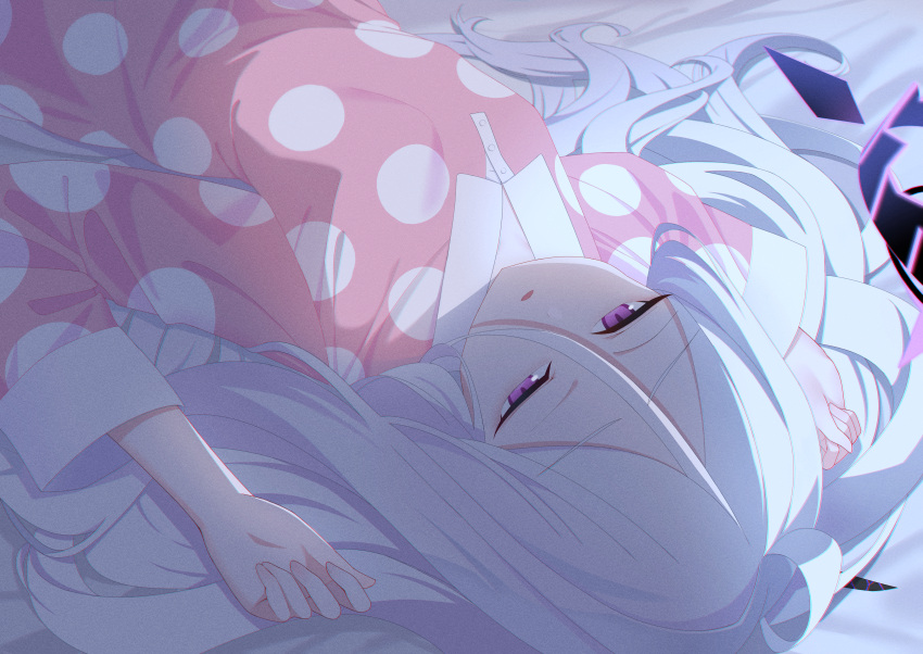 1girl absurdres bed_sheet black_halo blue_archive commentary hair_between_eyes halo highres hina_(blue_archive) long_hair long_sleeves lying matyata on_back pajamas pink_pajamas polka_dot polka_dot_pajamas purple_eyes solo white_hair