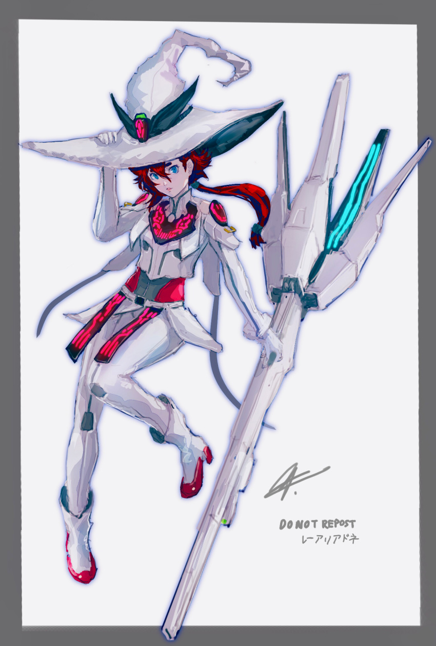 1girl beam_cannon blue_eyes boots border cosplay energy_cannon grey_border gundam gundam_calibarn gundam_calibarn_(cosplay) gundam_suisei_no_majo hat highres holding holding_cannon holding_clothes holding_hat holding_weapon long_hair long_sleeves looking_at_viewer low-tied_long_hair low_ponytail mecha_musume pants rae_ariadne red_hair solo suletta_mercury weapon white_background witch witch_hat