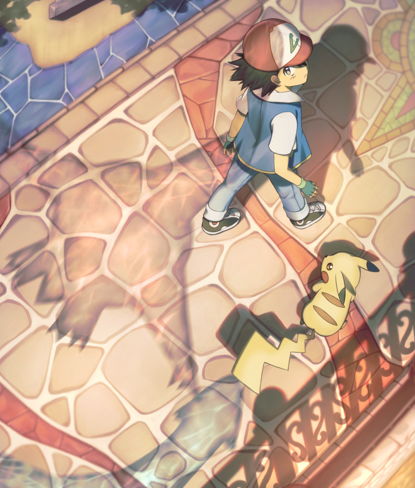 1boy ash_ketchum black_footwear black_hair brown_eyes closed_mouth commentary_request day fence fingerless_gloves from_above gloves green_gloves hat highres jacket kuraha1601 latias looking_up male_focus outdoors pants pikachu pokemon pokemon_(anime) pokemon_(classic_anime) pokemon_(creature) red_headwear shadow shoes short_hair short_sleeves standing