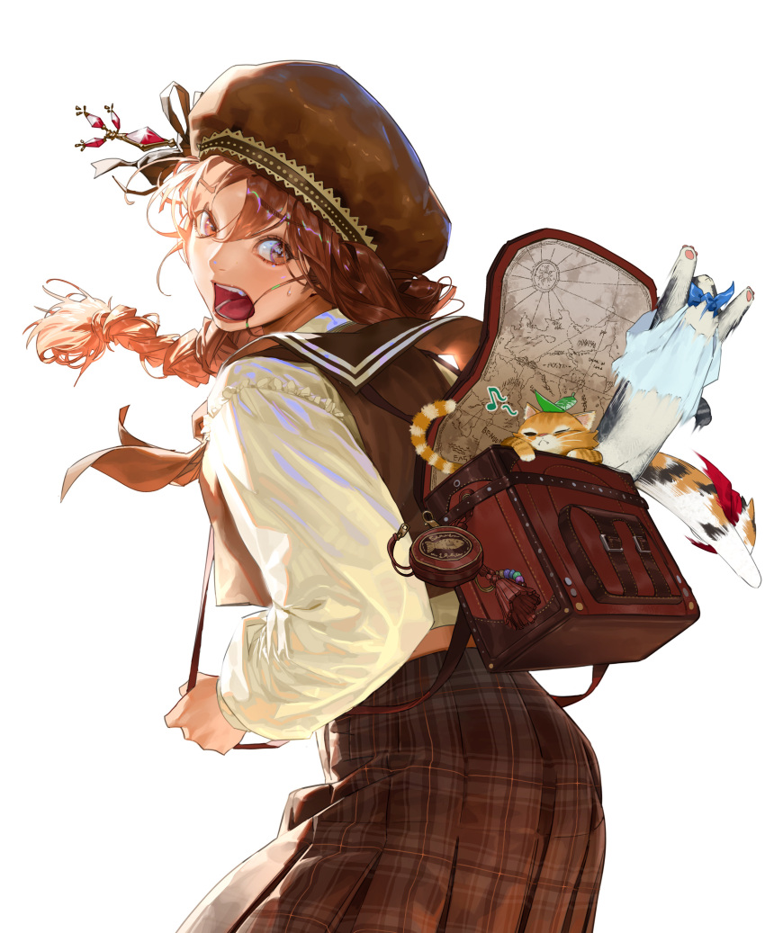 1girl absurdres backpack bag blue_ribbon braid brown_eyes brown_hair brown_neckerchief brown_ribbon brown_skirt brown_vest cat floating_hair hat hat_ribbon heo_sung-moo highres leaf leaf_on_head long_hair looking_back musical_note neckerchief open_mouth original plaid plaid_skirt pleated_skirt red_ribbon ribbon sailor_collar shirt simple_background skirt solo surprised tassel vest white_background white_shirt