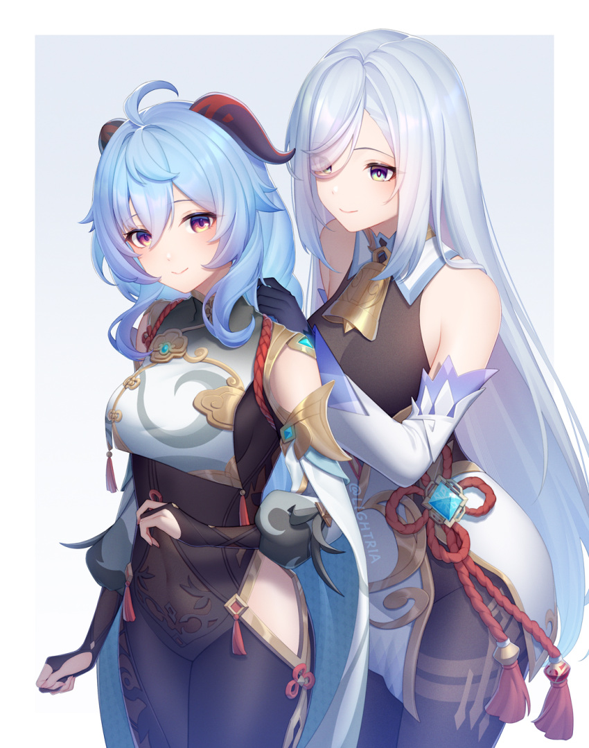 2girls ahoge bare_shoulders blue_hair breasts commentary_request cosplay costume_switch covered_navel cowboy_shot ganyu_(genshin_impact) ganyu_(genshin_impact)_(cosplay) genshin_impact grey_background grey_hair high-waist_skirt highres hip_vent horns large_breasts lightria long_hair multiple_girls out_of_frame purple_eyes shenhe_(genshin_impact) shenhe_(genshin_impact)_(cosplay) simple_background skirt smile standing thighs very_long_hair white_hair white_skirt