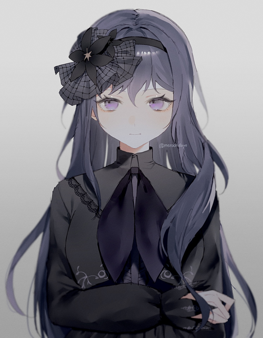 1girl asahina_mafuyu black_dress black_headband dress grey_background headband highres lace_trim long_hair merochi_(jrwn5423) project_sekai purple_eyes purple_hair simple_background solo