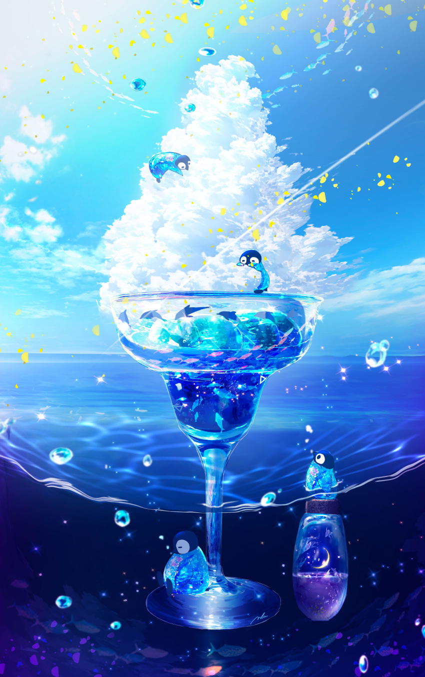 absurdres bird blue_sky cloud cocktail_glass cup day dolphin drinking_glass fish glass_bottle highres horizon makoron117117 no_humans ocean original outdoors penguin scenery sky water