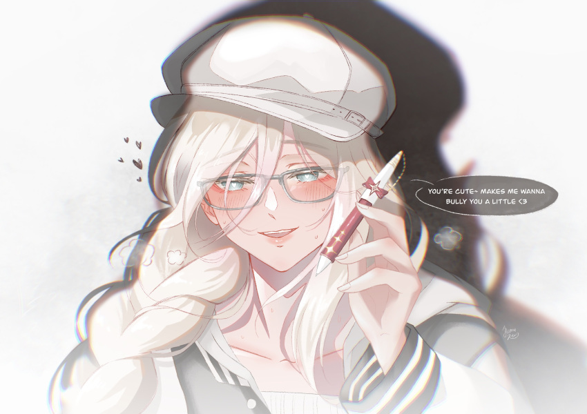 1girl absurdres aia_amare black_jacket blonde_hair blush braid bright_pupils english_commentary glasses hat heart heart-shaped_pupils highres holding holding_pen hood hood_down hooded_jacket jacket letterman_jacket looking_at_viewer mei_(hiimeiree) nijisanji nijisanji_en parted_lips pen portrait shadow shirt smile solo symbol-shaped_pupils virtual_youtuber white_headwear white_pupils white_shirt