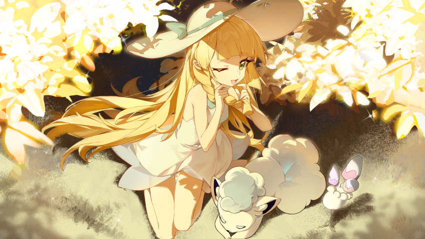 1girl ;d alolan_vulpix bare_arms blonde_hair braid commentary_request day dress eyelashes from_above green_eyes hands_up hat highres holding holding_hair leaf lillie_(pokemon) long_hair meng_ge_3_(565571710) morelull one_eye_closed open_mouth outdoors pokemon pokemon_(creature) pokemon_(game) pokemon_sm sleeveless sleeveless_dress smile sun_hat white_dress white_headwear