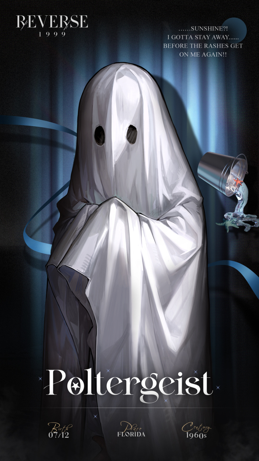 1other ambiguous_gender blue_background bucket character_name copyright_name curtains english_text ghost_costume hands_up highres logo official_art poltergeist_(reverse:1999) reverse:1999 solo spotlight starfish upper_body