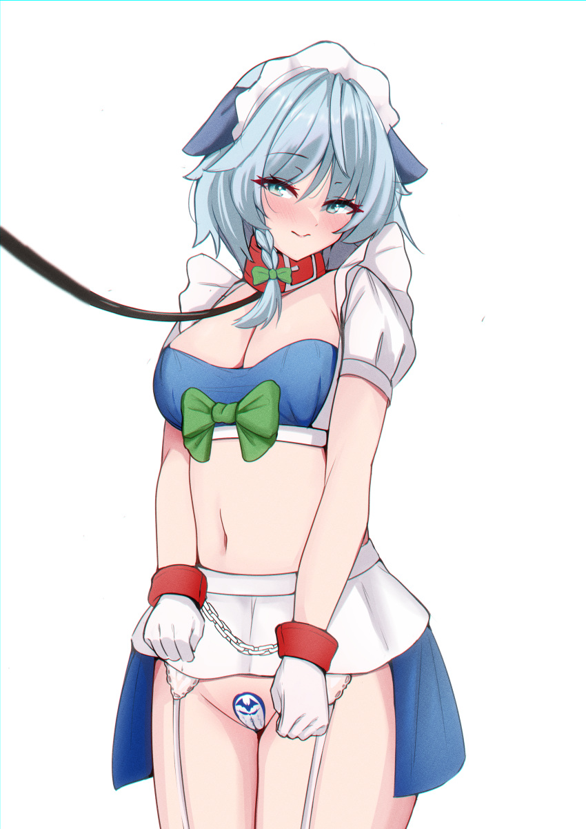 1girl :&gt; absurdres animal_print bangs bare_arms bat_print belt_collar blue_eyes blush bound bound_wrists bow braid breasts buckle cameltoe chain cleavage closed_mouth collar cowboy_shot crop_top cuffs eyes_visible_through_hair gloves green_bow highres izayoi_sakuya large_breasts leash light_smile looking_at_viewer maebari maid_headdress maruruun midriff navel no_panties nose_blush overskirt puffy_short_sleeves puffy_sleeves red_collar short_sleeves side_braid simple_background single_braid smile solo stomach touhou viewer_holding_leash white_background white_gloves