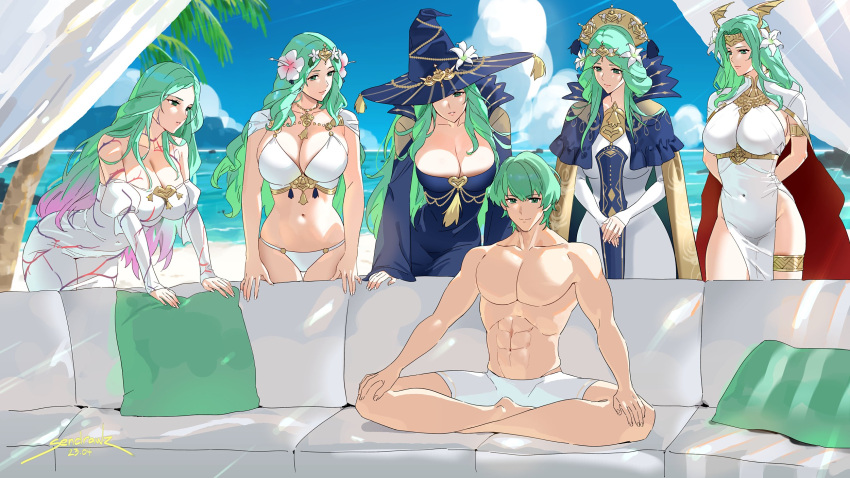1boy 5girls abs arms_behind_back bikini black_dress black_headwear blue_sky breasts byleth_(fire_emblem) byleth_(male)_(fire_emblem) cloud commentary couch covered_navel day dress fire_emblem fire_emblem:_three_houses fire_emblem_heroes flower gradient_hair green_eyes green_hair hair_flower hair_ornament hands_on_own_knees hat highres large_breasts long_hair meme multicolored_hair multiple_girls multiple_persona navel pillow pink_hair piper_perri_surrounded_(meme) rhea_(fire_emblem) sendrawz side_slit sitting sky swimsuit symbol-only_commentary white_bikini white_dress witch_hat