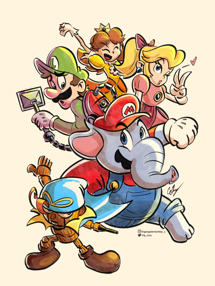 2girls 3boys blonde_hair blue_eyes blue_overalls bow brothers brown_hair clenched_hand closed_eyes cory_g crown dress elephant_mario facial_hair geno_(mario) gloves green_headwear green_shirt hat heart highres instagram_logo instagram_username looking_at_viewer luigi mario mario_(series) medium_hair multiple_boys multiple_girls mustache open_mouth orange_dress overalls pink_bow pink_dress ponytail princess_daisy princess_peach puppet red_headwear shirt short_hair siblings simple_background super_mario_bros._wonder super_mario_rpg twitter_logo twitter_username v watermark white_gloves