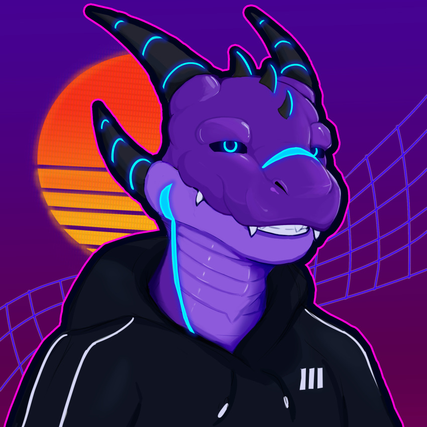 anthro black_clothing blue_body blue_eyes bust_portrait cel_shading clothing detailed detailed_background dragon glowing glowing_eyes gradient_background griffonki hi_res hoodie horn icon line_art male male/male markings narrowed_eyes outline pockyco portrait purple_body scales scalie shaded simple_background solo sticker synthetic teeth topwear