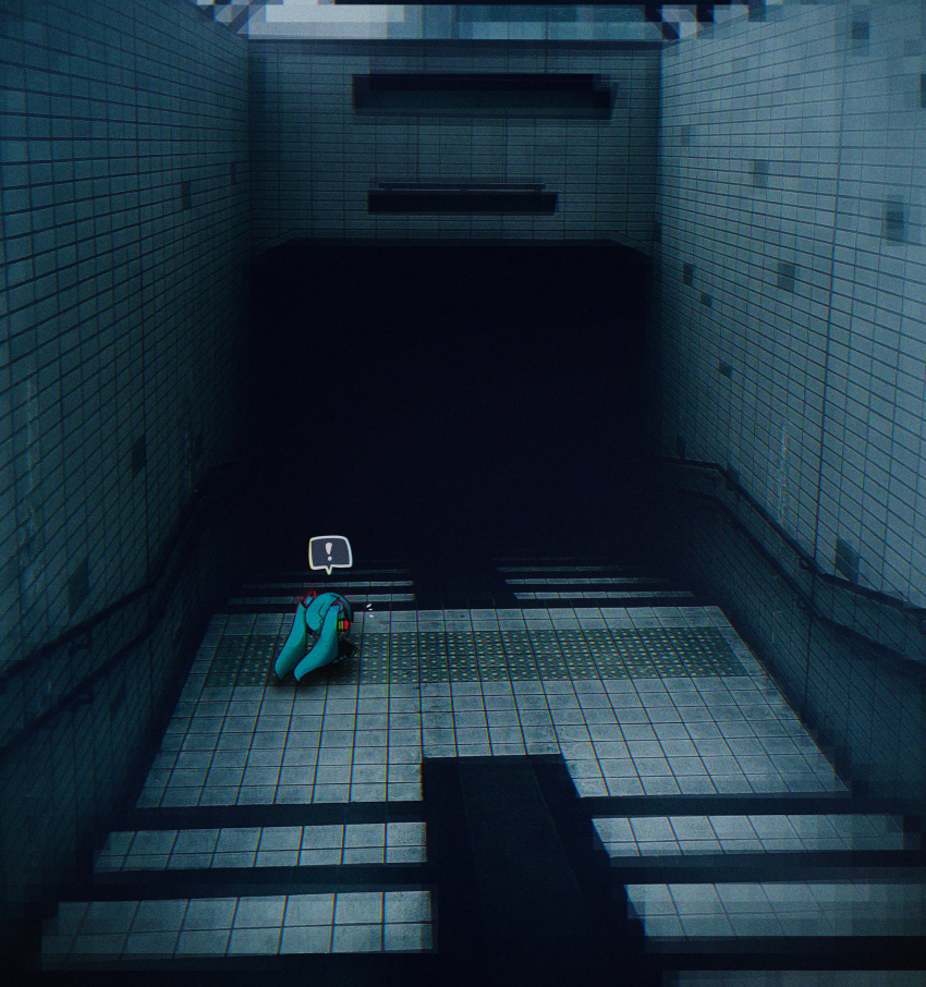 ! 1girl aqua_hair chibi commentary_request dark film_grain from_behind hair_ornament handrail hatsune_miku highres kyomu_305 long_hair mini_person minigirl notice_lines scenery solo spoken_exclamation_mark stairs standing subway_station tactile_paving twintails very_long_hair vocaloid wide_shot