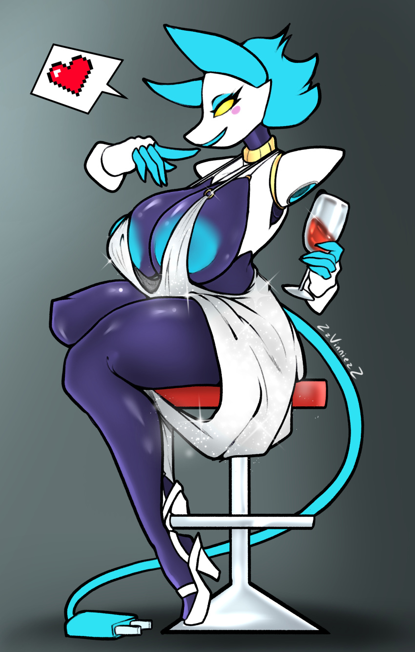 &lt;3 absurd_res anthro big_breasts black_body blue_hair breasts cable_tail cleavage clothed clothing container cup deltarune dress drinking_glass felid feline female floating_hands footwear glass glass_container glass_cup hair hi_res high_heels machine mammal robot side_boob sitting smile solo tasque_manager thick_thighs undertale_(series) wide_hips wine_glass yellow_eyes zzvinniezz